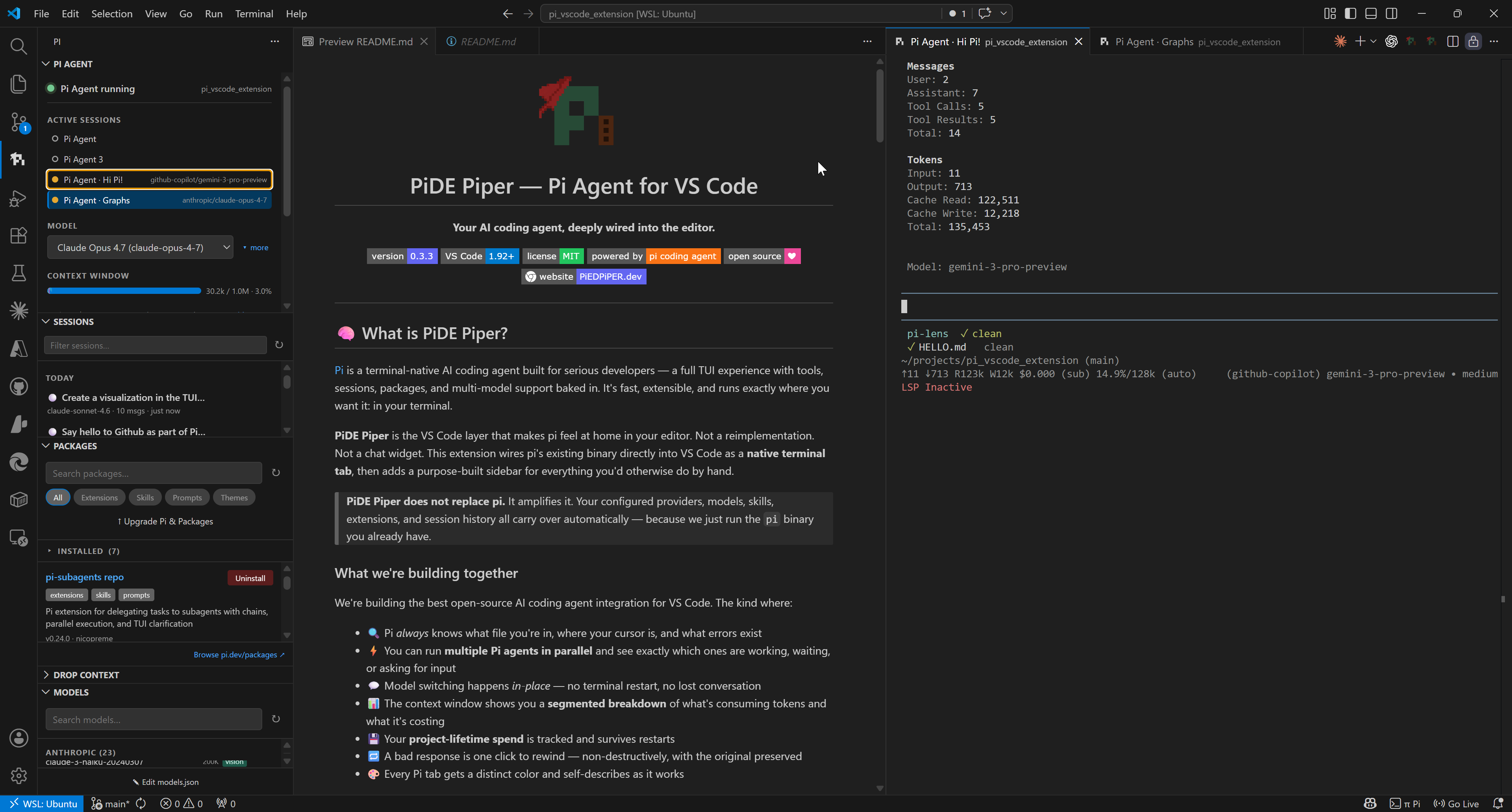 Screenshot of the PiDE Piper sidebar in VS Code, showing the multi-tab agent panel, segmented context bar, sessions tree, and packages marketplace.